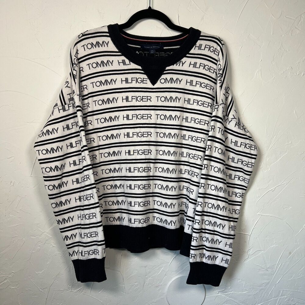 Tommy Hilfiger Logo Stripe Knit Sweater Black White Crewneck Streetwear y2k Sz L